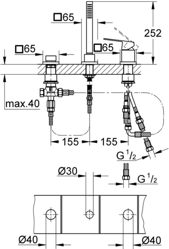 Grohe Eurocube Baterie cada dus cu 3 gauri, montaj pe cada