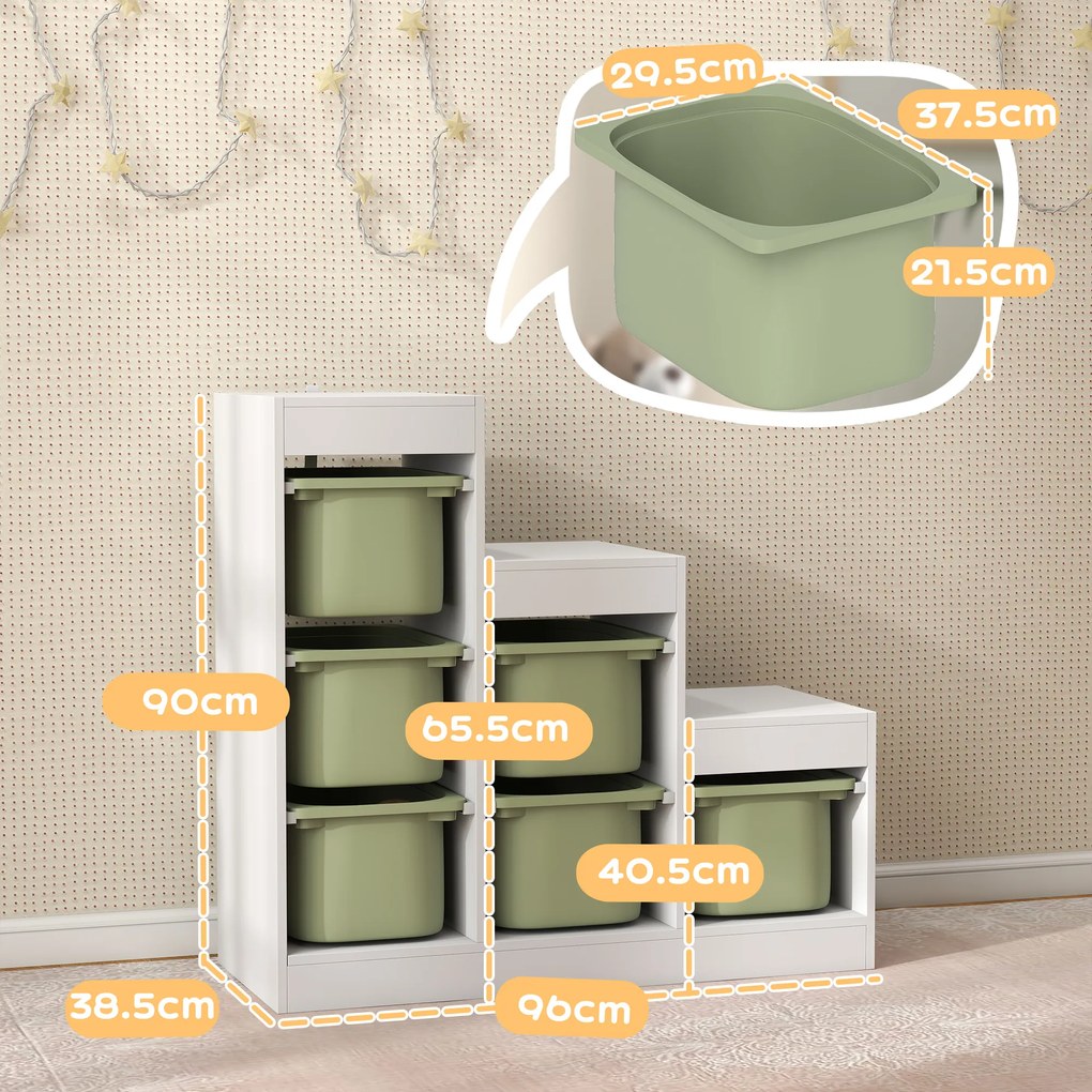 AIYAPLAY Mobilier de depozitare pentru jucării pentru copii cu 6 coșuri detașabile, 3 niveluri de depozitare, 96 x 38,5 x 90, verde | Aosom Romania