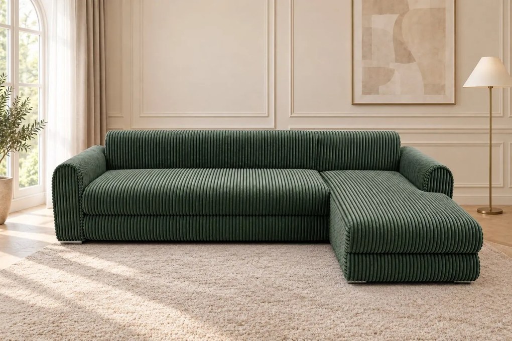 Colțar extensibil Sienna Mini din stofă raiată, verde, colț pe dreapta, cu ladă de depozitare