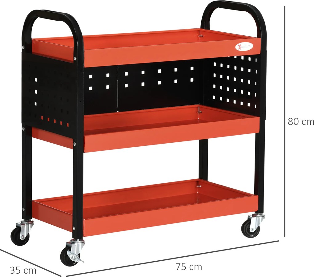 DURHAND Cărucior de atelier servante atelier cu 3 niveluri cu rafturi, plăci suspendate, încărcare până la 100 kg, roșu | Aosom Romania