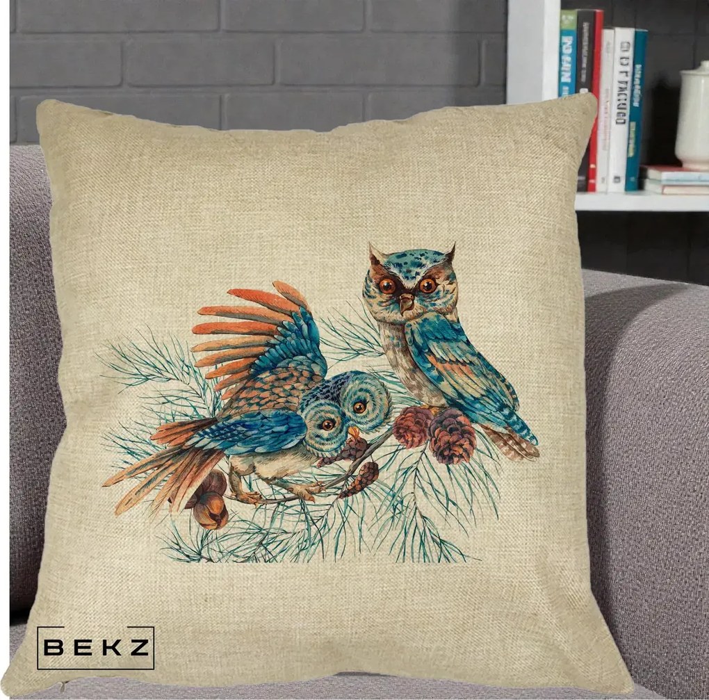 Perna Decorativa Bufnite de Iarna Albastre, 40x40 cm, Crem, Husa Detasabila, Perna Inclusa, BEKZ®