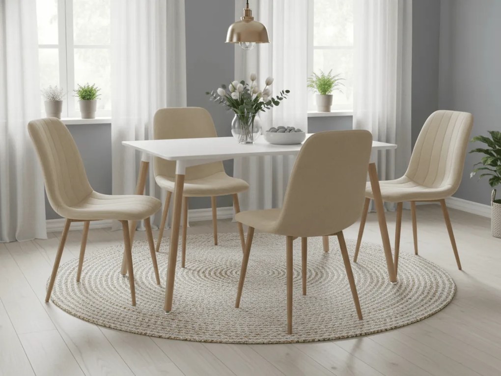 Set de masa 1 + 4, masa de dining alb ADRIA 120x80 cm + scaun crem din catifea LAVA