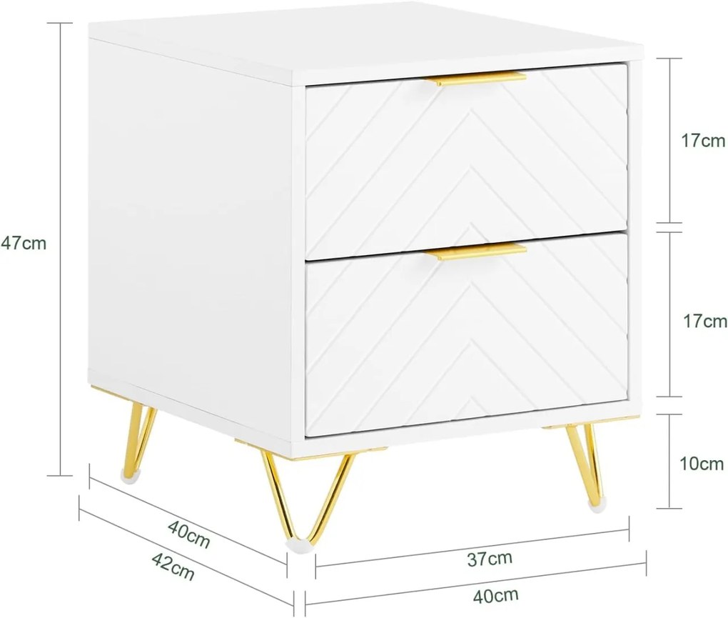 NOA67 - Set 2 Noptiere albe 40 cm, cu 2 sertare, dormitor - Alb - Auriu