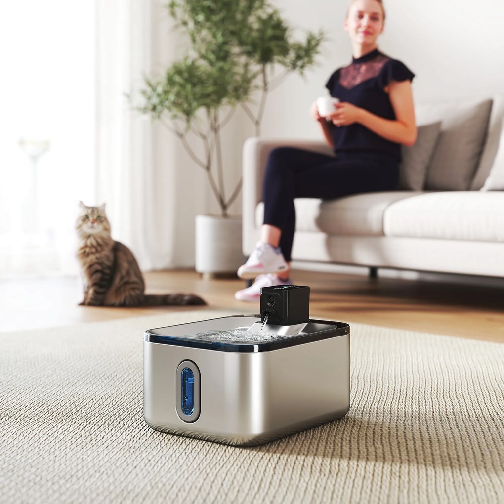 PawHut Fântână Automată pentru Pisici 5L din Oțel Inoxidabil, Silențioasă, Filtru 3 Etape, Încărcător USB, Argintiu | Aosom Romania