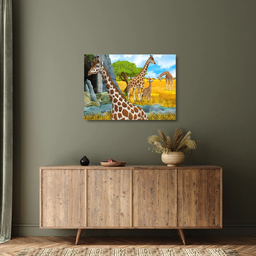 Tablou pe sticlă - Familia girafelor (70x50 cm)
