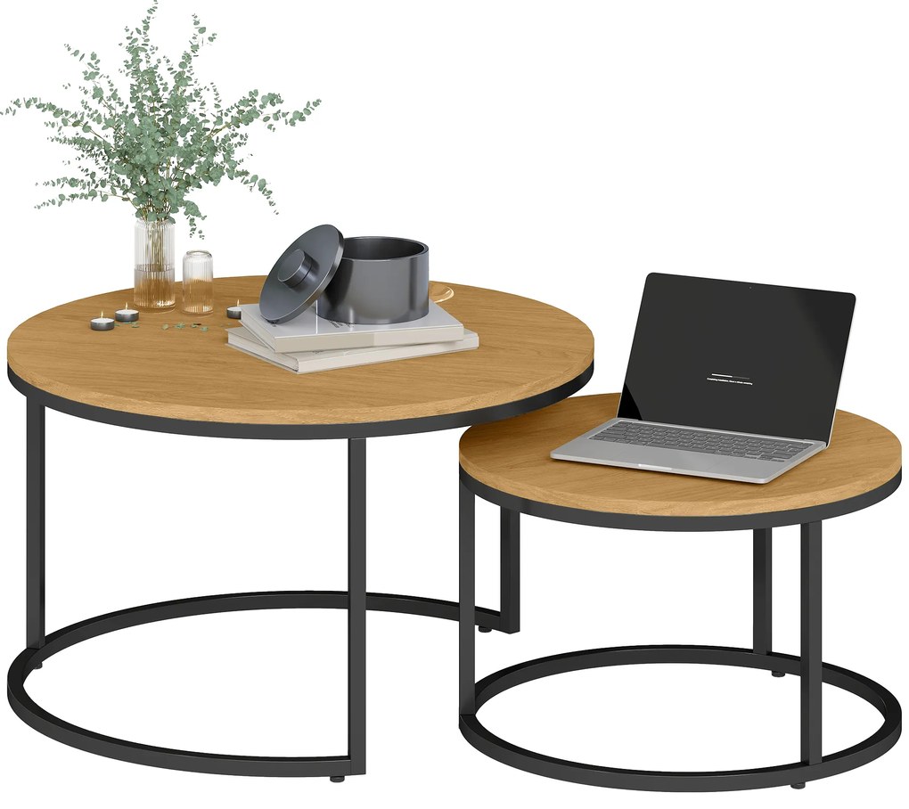 HOMCOM Set de 2 mese de cafea gigogne suprapozabil design industrial blat de ciment picioare din metal maro | Aosom Romania