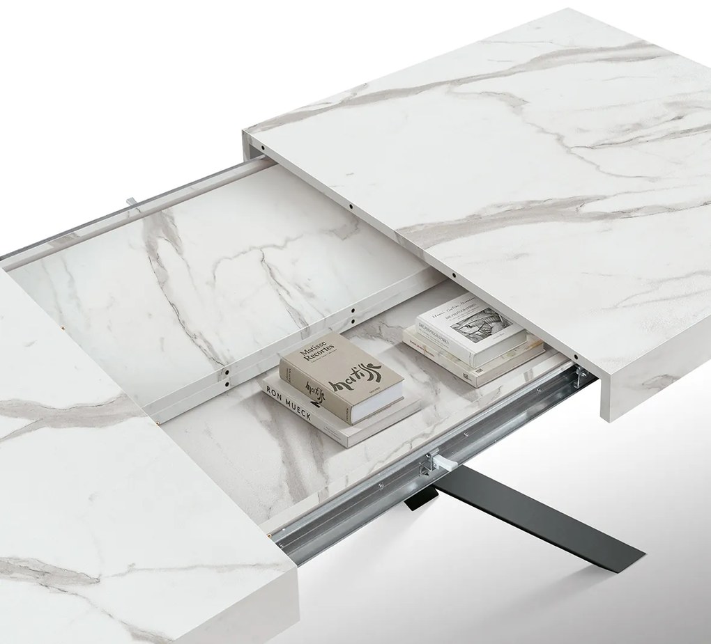 MASA TIFANY BLAT ALB MARMORAT - 160 cm / 90 cm / h 77 - Pal - EFECT MARMURA - Extensibila - ALB - Metal
