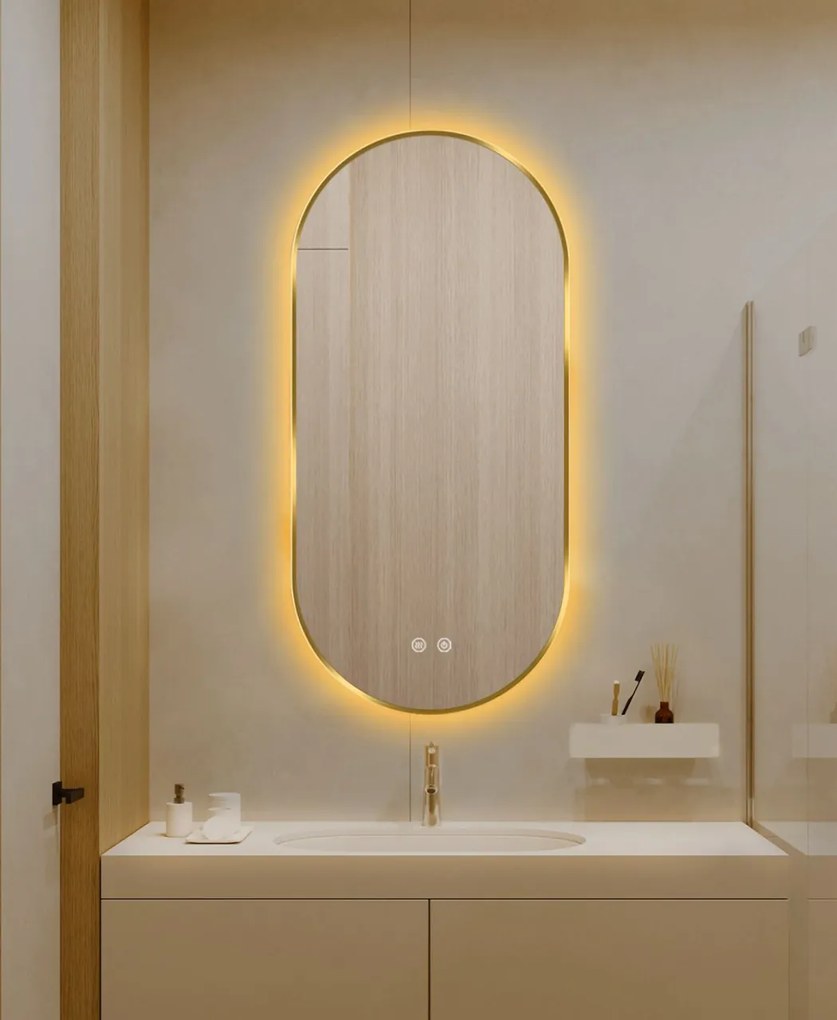 Oglindă LED Touch Premium, Dezaburire, Rama Auriu, 3 Tipuri Lumină 50/80 cm