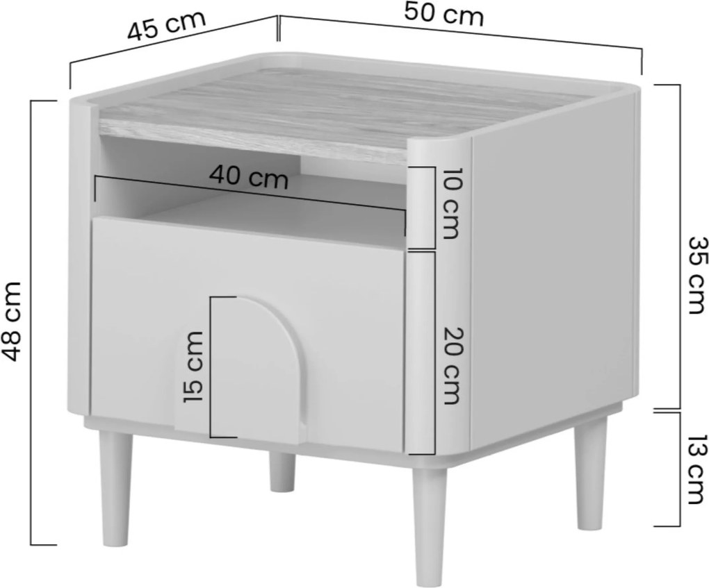Noptieră Amilio cu sertar 50 cm pe picioare - casmir / stejar uleiat / mânere casmir