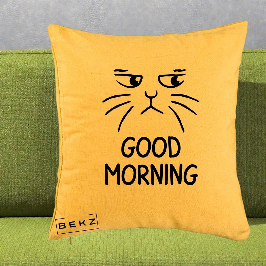 Perna Decorativa Pisica Morocanoasa Good Morning, 40x40 cm, Galben, Husa Detasabila, Perna Inclusa, BEKZ®