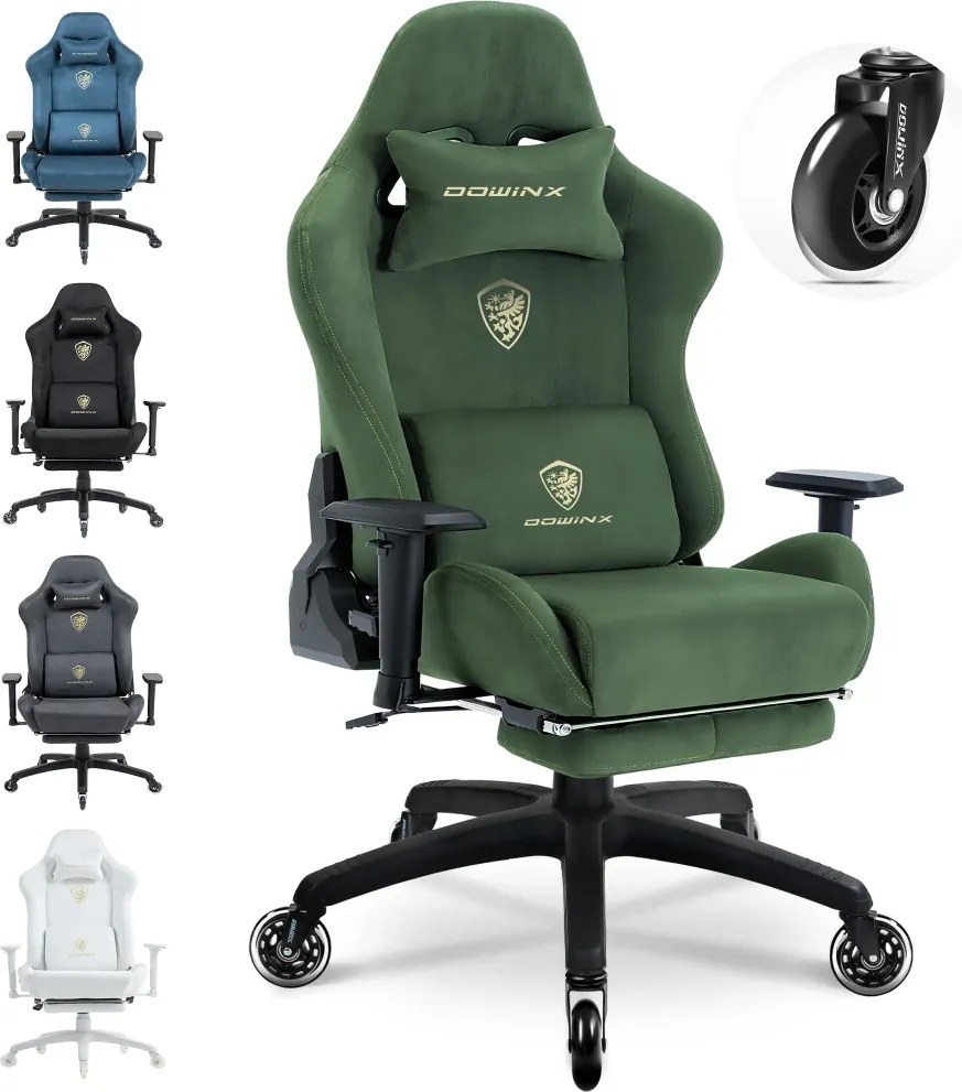 DOWINX 68A - Scaun Gaming Ergonomic, Extra-Lat și Construcție Heavy-Duty, Masaj in perna lombara, Material Textil respirabil, Suport picioare, Roti Silicon, Rezistent 150 kg, Verde