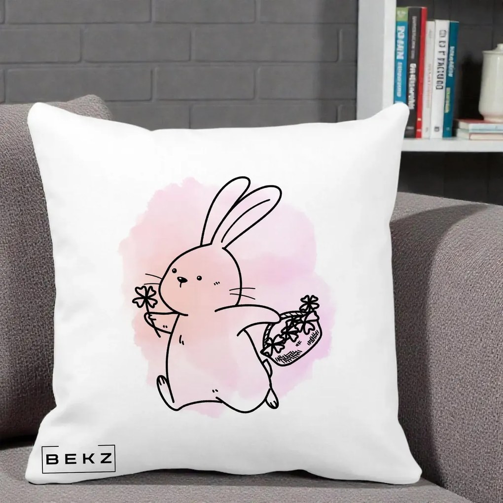 Perna Decorativa Iepuras Kawaii cu Cosulet Floral, 40x40 cm, Alba Mata, Husa Detasabila, Perna Inclusa, BEKZ®