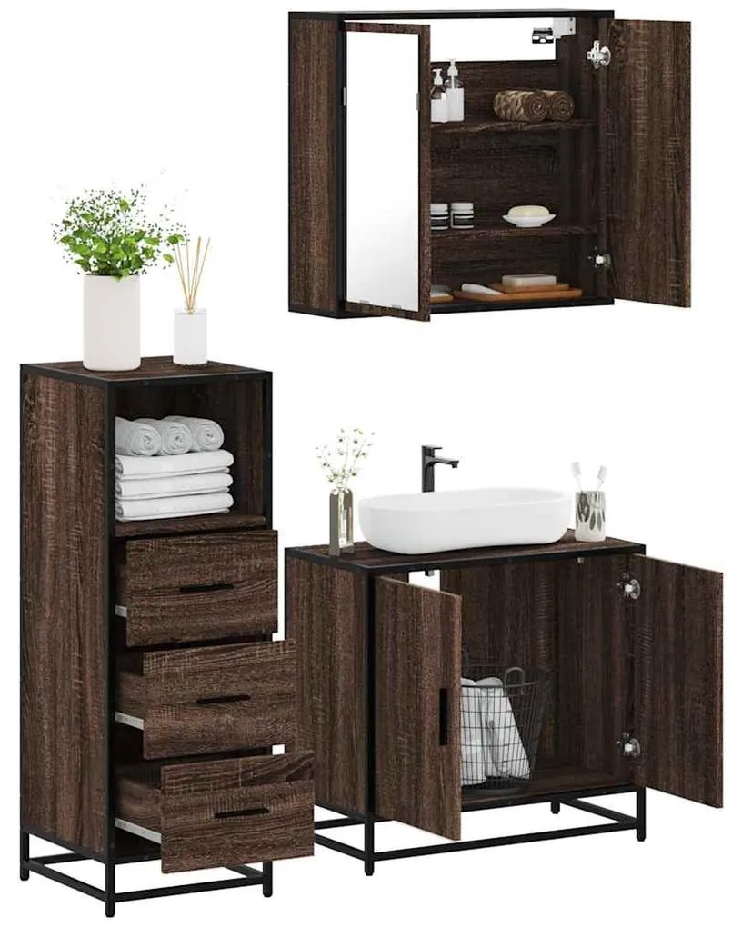 vidaXL Set mobilier de baie, 3 piese, stejar maro, lemn prelucrat