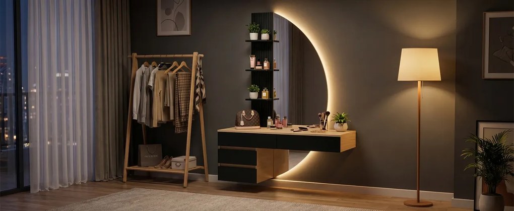 Masuta machiaj cu Oglinda LED si 4 Sertare pentru Cosmetice, Set Masa toaleta 106 cm, Alb - Maro, masuta cosmetica, vanity cu Riflaj si Rafturi -
