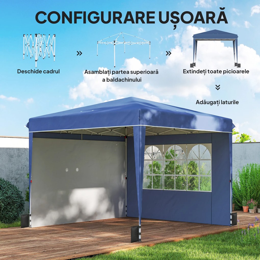 Outsunny Pavilion 3x3 m Pliabil Pop Up cu Înălțime Reglabilă, Pavilion de Grădină cu Pereți Laterali, Saci de Nisip, Geantă de Transport, UV50+, pentru Exterior Camping Petreceri, Albastru Închis | Aosom Romania