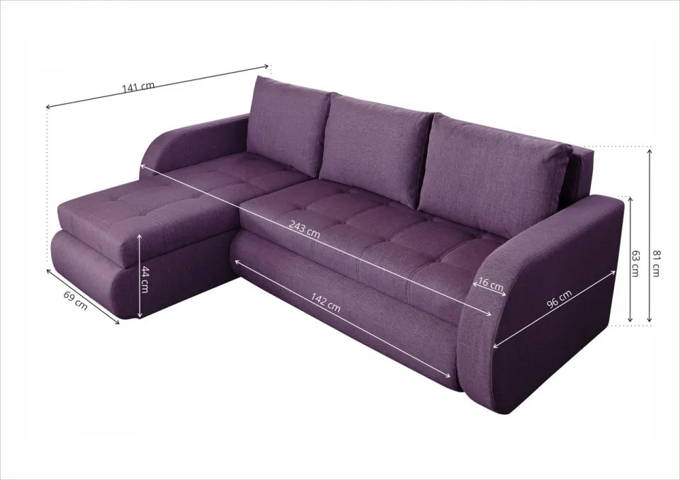 Coltar extensibil reversibil Genoa Purple 243x141x81 cm cu lada de depozitare