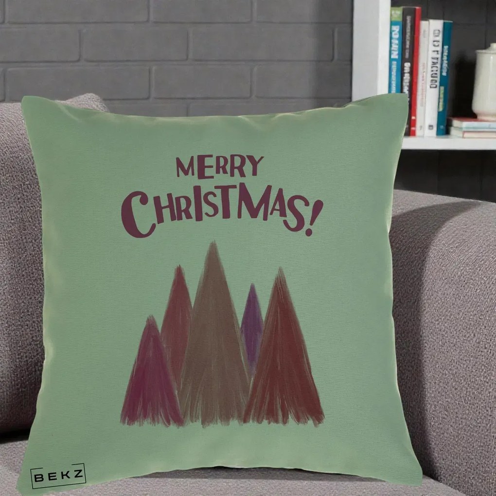 Perna Decorativa Merry Christmas Brazi Roz, 40x40 cm, Verde, Husa Detasabila, Perna Inclusa, BEKZ®