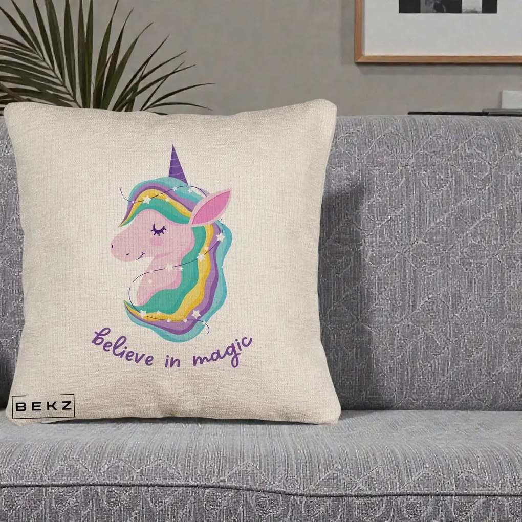 Perna Decorativa Unicorn Believe in Magic, 40x40 cm, Bej Canapea, Husa Detasabila, Perna Inclusa, BEKZ®