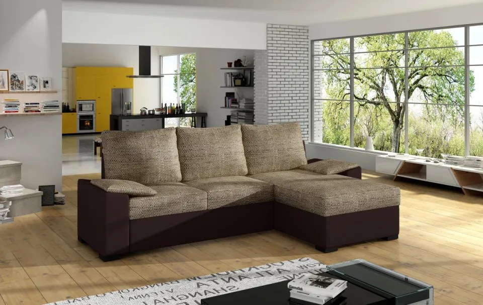 Coltar tapitat, extensibil cu spatiu pentru depozitare, 245x90x160 cm, Lusso, Eltap (Culoare: Gri pepit / Gri inchis piele)