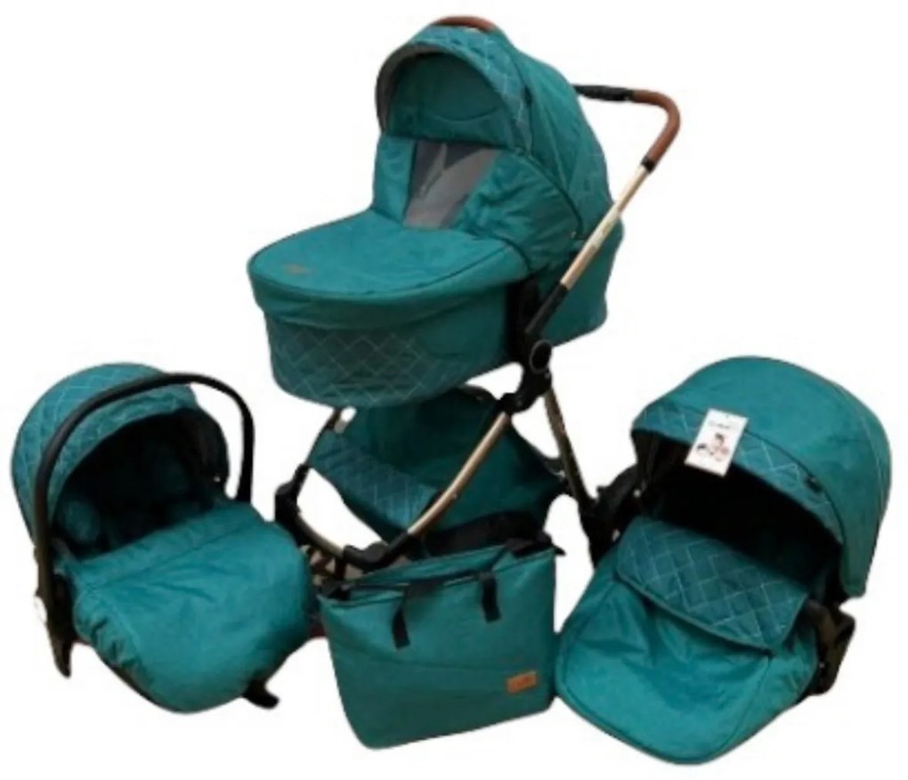 Carucior 3 in 1 cu landou, scoica si geanta, 0-36 luni, Turcoaz - CPC-11-turcoaz