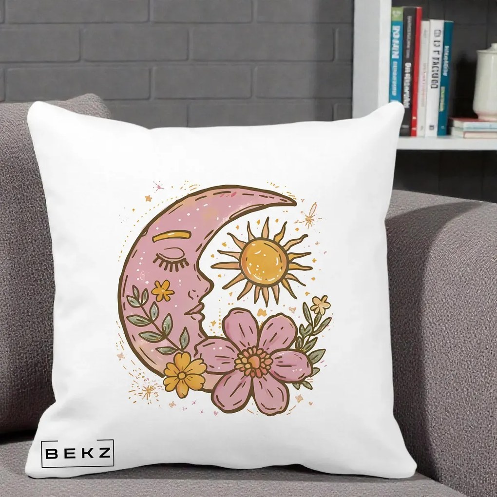 Perna Personalizata Luna si Soare Floral Boho, 40x40 cm, Alba Mata, Husa Detasabila, Perna Inclusa, BEKZ®