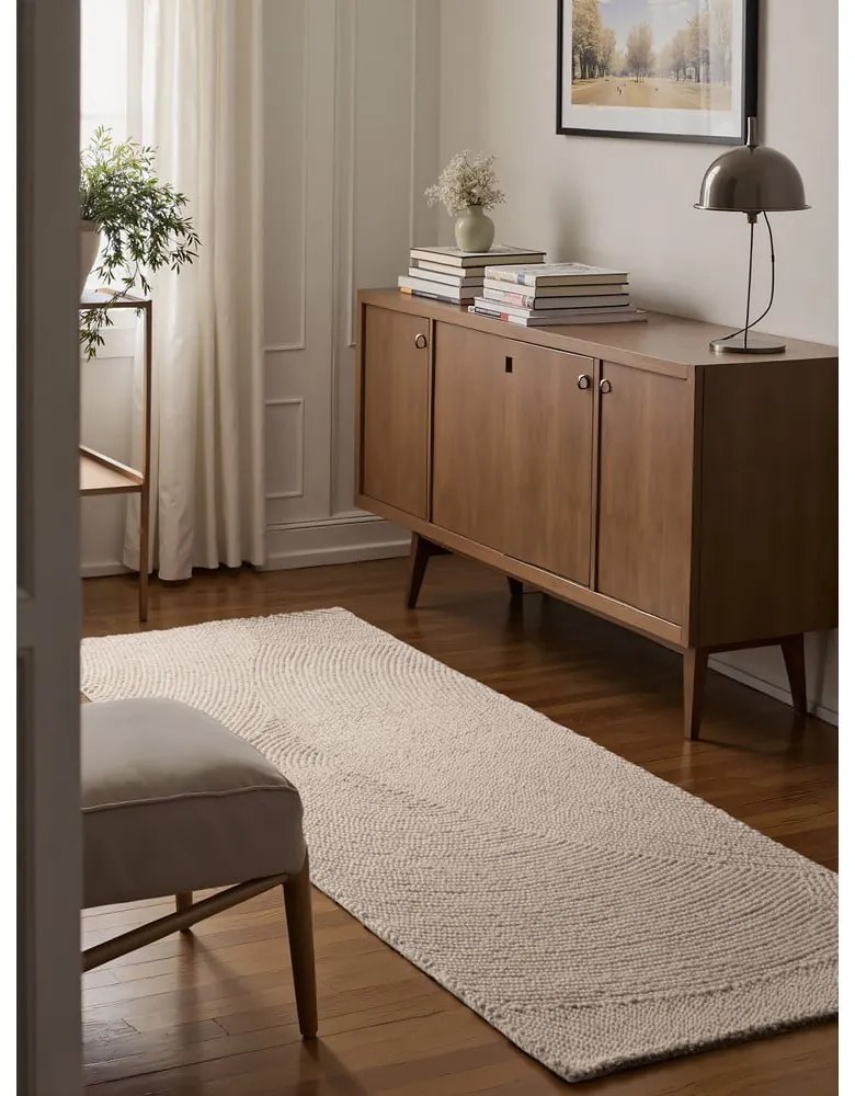 Covor tip traversă în culoare naturală deschisă, țesut manual, din lână 80x300 cm Eleni Natural White – Hanse Home