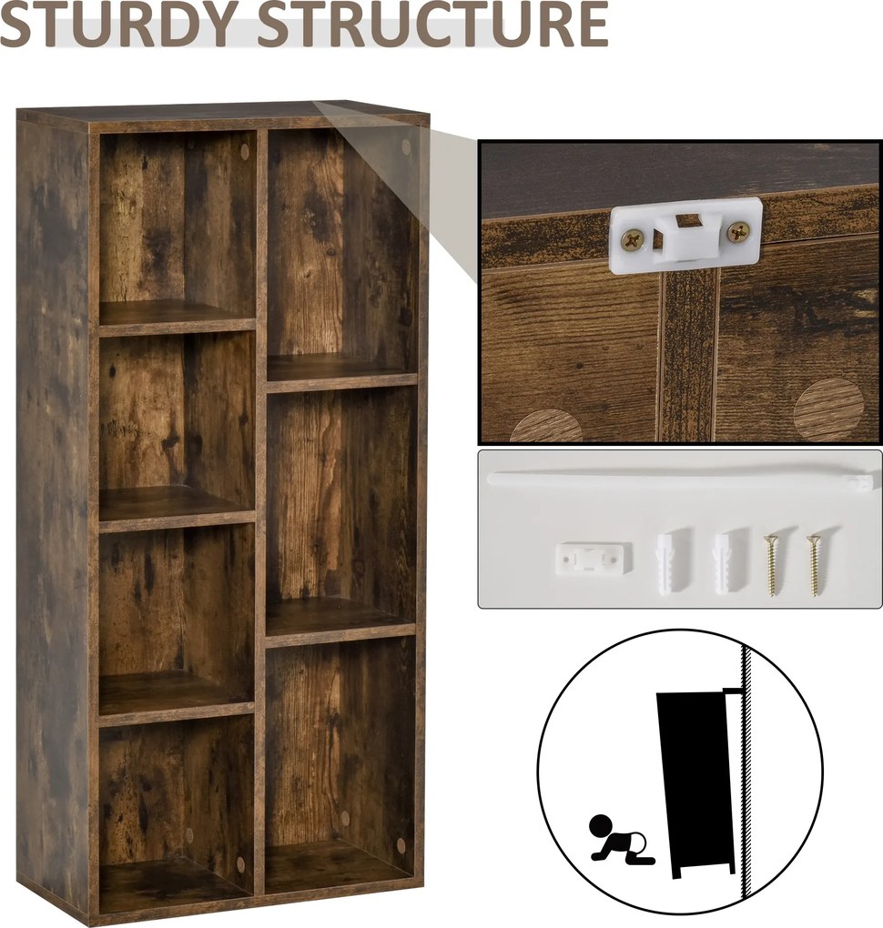 HOMCOM Biblioteca din Lem Stil Vintage Cubica cu 7 suporturi diferite din MDF pentru Casa si Birou 50x24x106cm, Maro Rustic