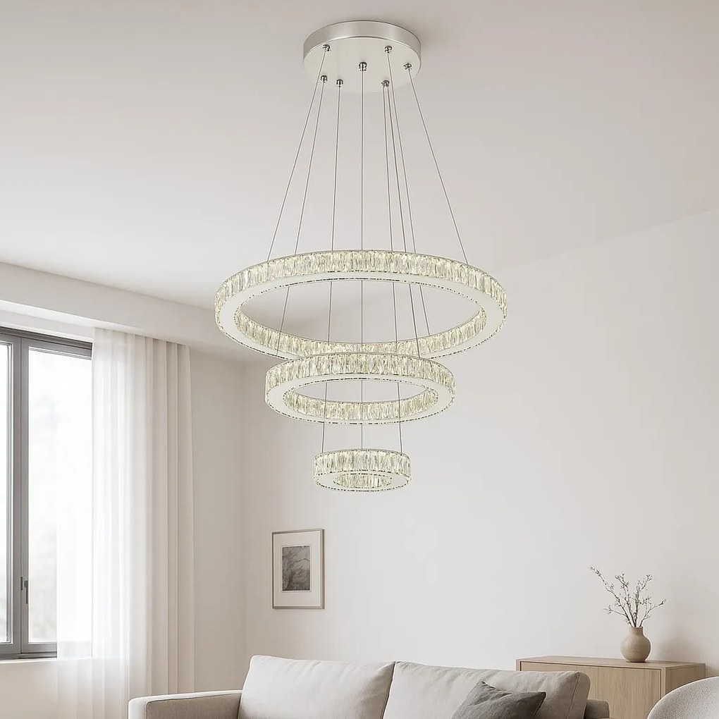 Pendul LED cu Cristal, 3 Inele, 120W, Ø60 cm, Lumină Reglabilă Alb Cald–Rece, Telecomandă 2.4G