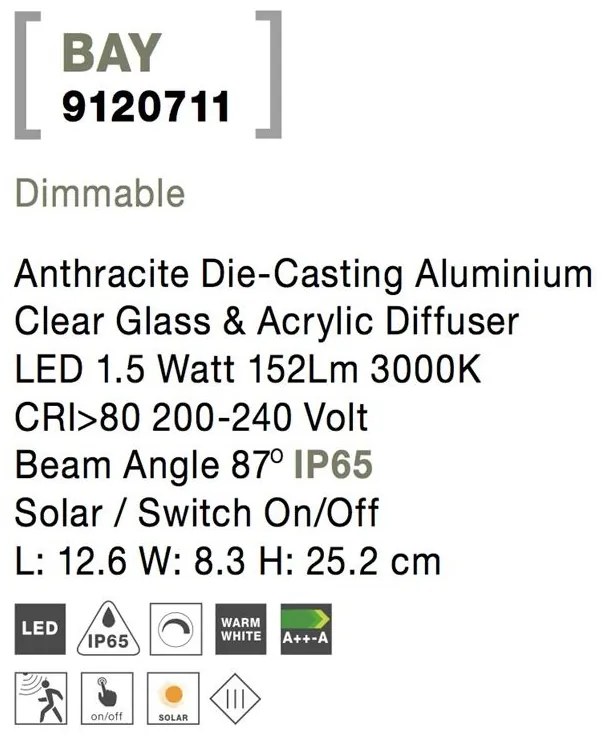 Aplica LED solara de exterior cu senzor miscare IP65 BAY