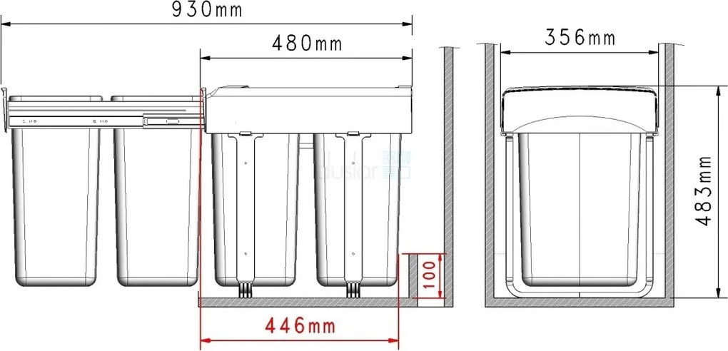 Cos gunoi incorporabil Mega 40 Ecomax, cu extragere totala, colectare selectiva, gri antracit, 2 x 20 l Polipropilena, 400 mm, L:356 mm, A:480 mm,