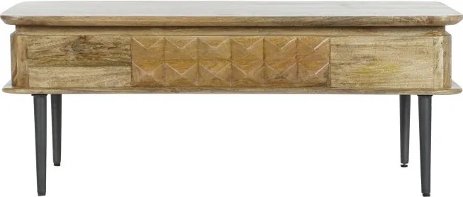Măsuță de cafea dreptunghiulară din lemn de mango, natur, cu sertar în relief și picioare din metal, 46 x 116 x 60 cm, „Kandara” – Ethnic Collections