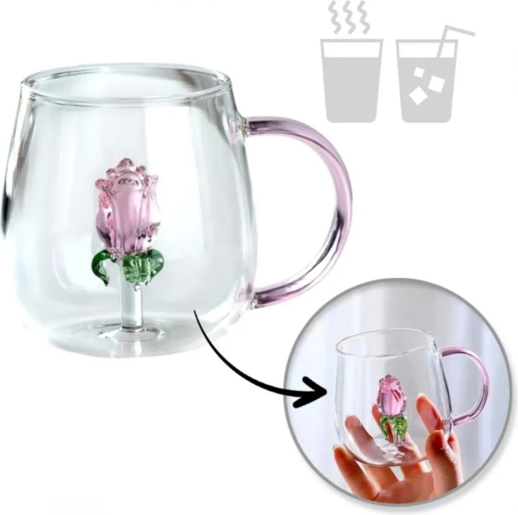 Cană cu lalea de sticlă în interior, pereți dubli, sticlă borosilicată, 400 ml, SZK129