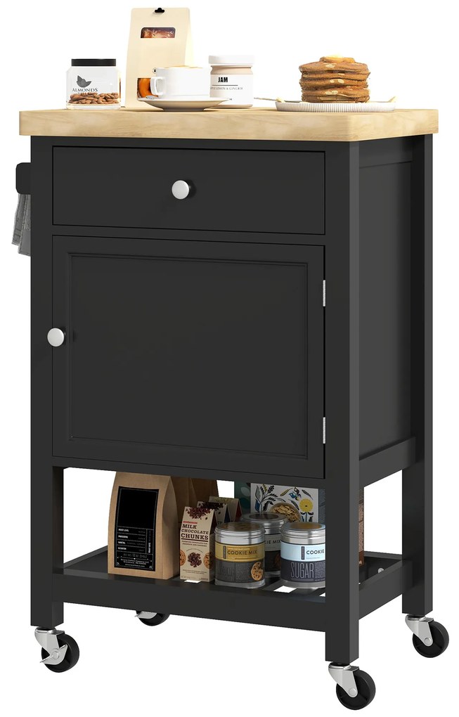 HOMCOM Servantă de bucătărie pe roți, cărucior de servire, blat din lemn de hevea, sertar, 63,5 x 40 x 90 cm, negru | Aosom Romania