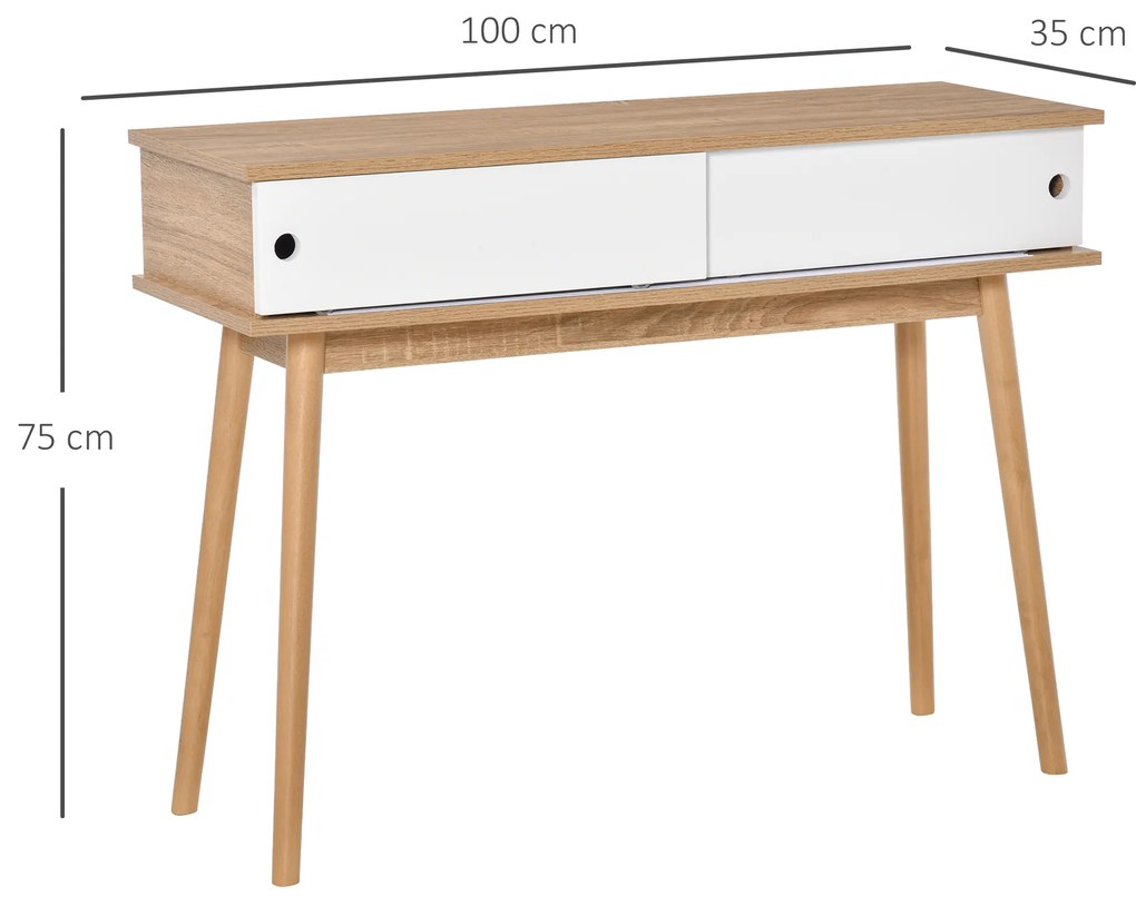 HOMCOM Masuta Consola de Hol si Sufragerie cu 2 Compartimente, din MDF si Picioare din Lemn de Pin, 100x35x75cm, Alb
