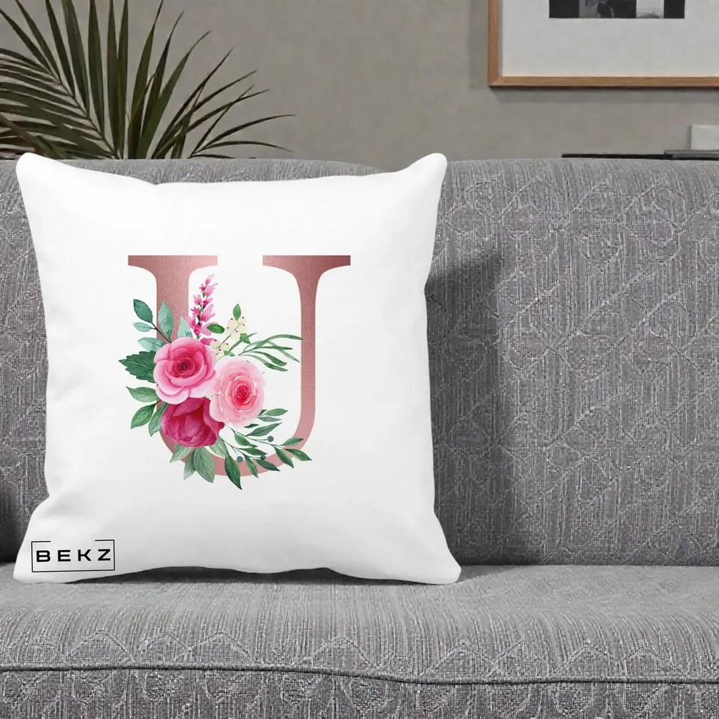 Cadou Personalizat - Perna Personalizata Monograma Rose Gold Litera U, 40x40 cm, Alba Mata, Husa Detasabila, Perna Inclusa, BEKZ®
