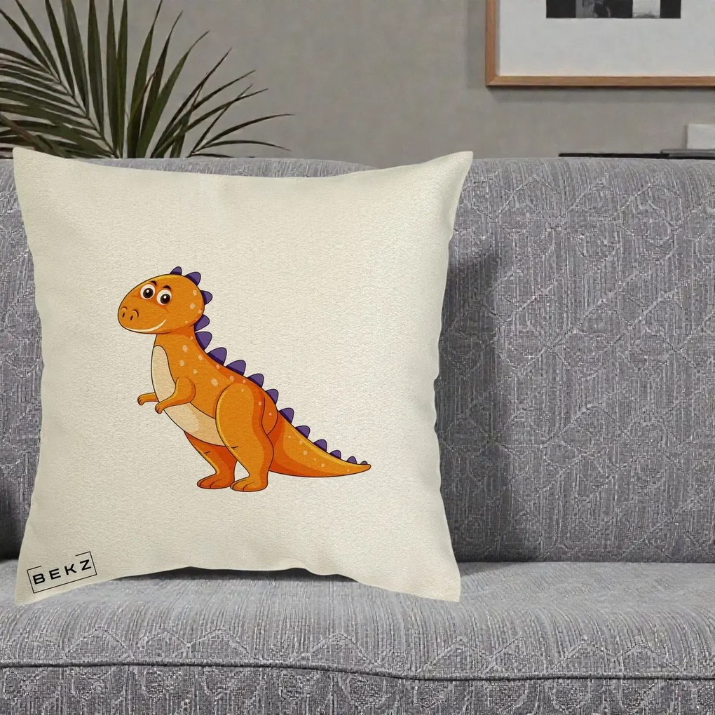 Perna Decorativa T-Rex Portocaliu, 40x40 cm, Ecru, Husa Detasabila, Perna Inclusa, BEKZ®