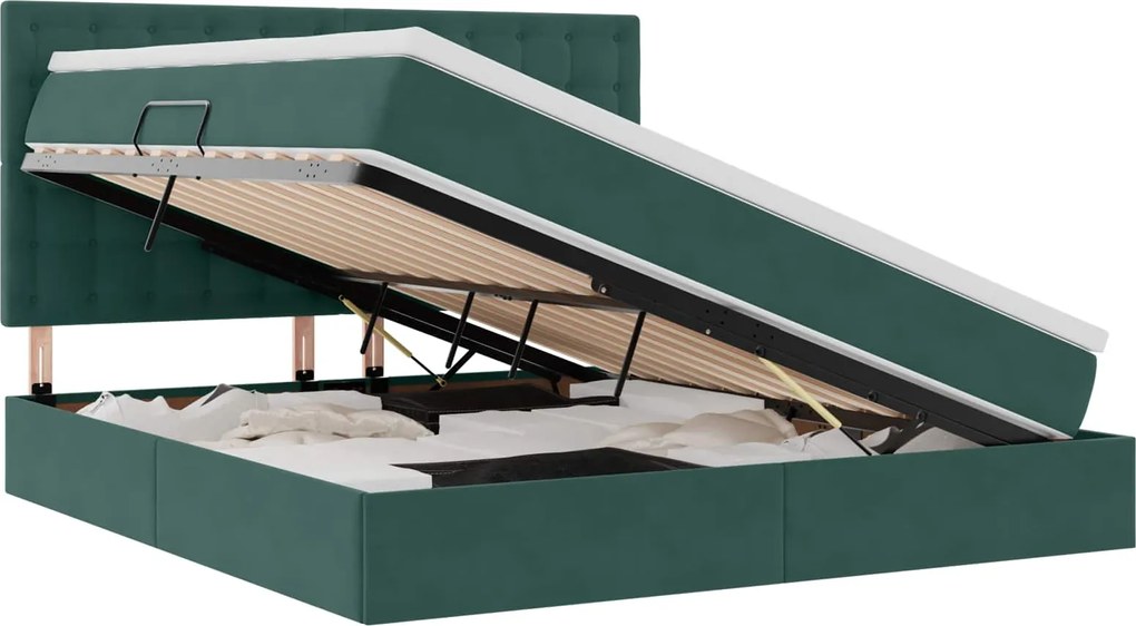 vidaXL Pat cu saltea și LED cu led Verde închis 160 x 200 cm Catifea