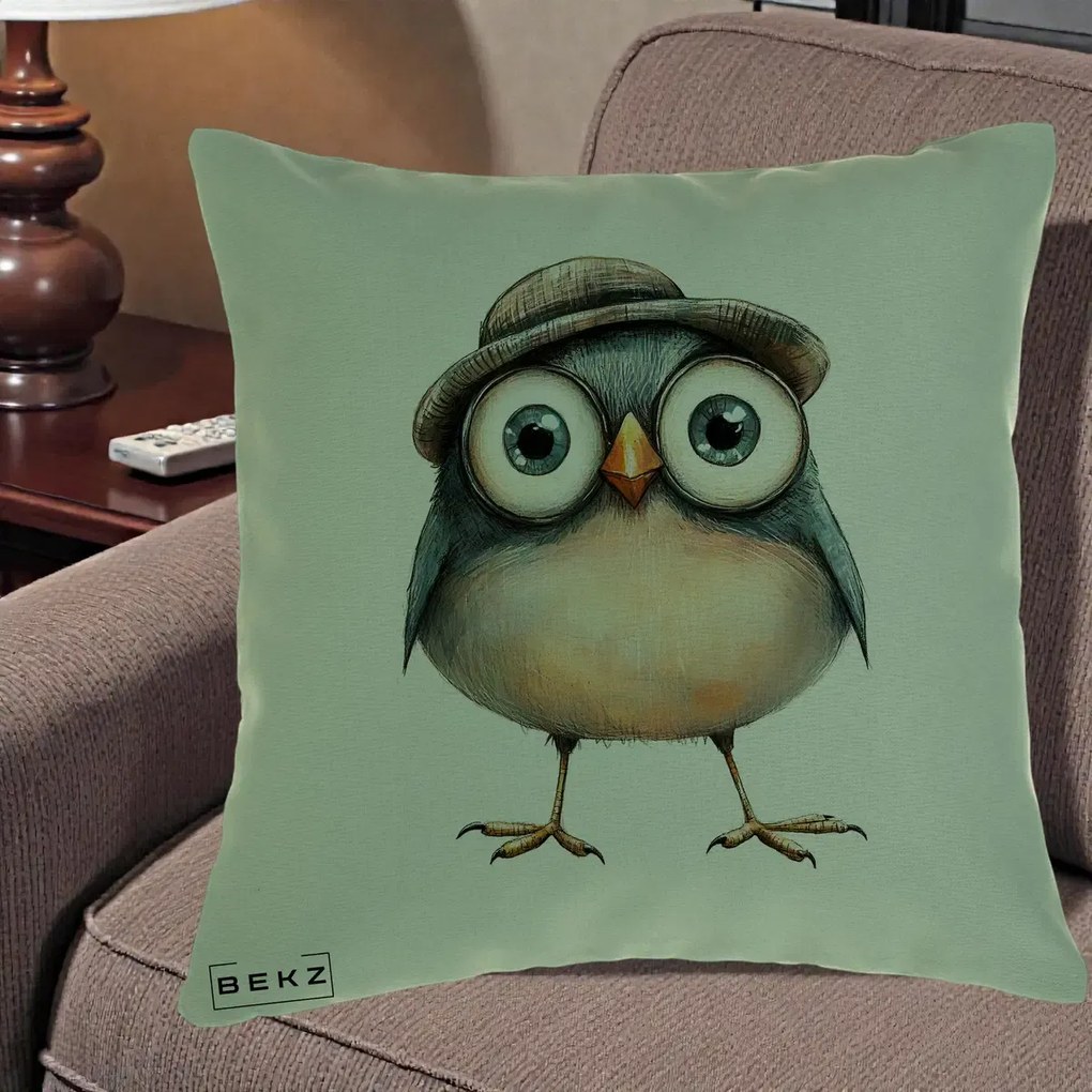 Perna Decorativa Pui cu Palarie Rotunda, 40x40 cm, Verde, Husa Detasabila, Perna Inclusa, BEKZ®