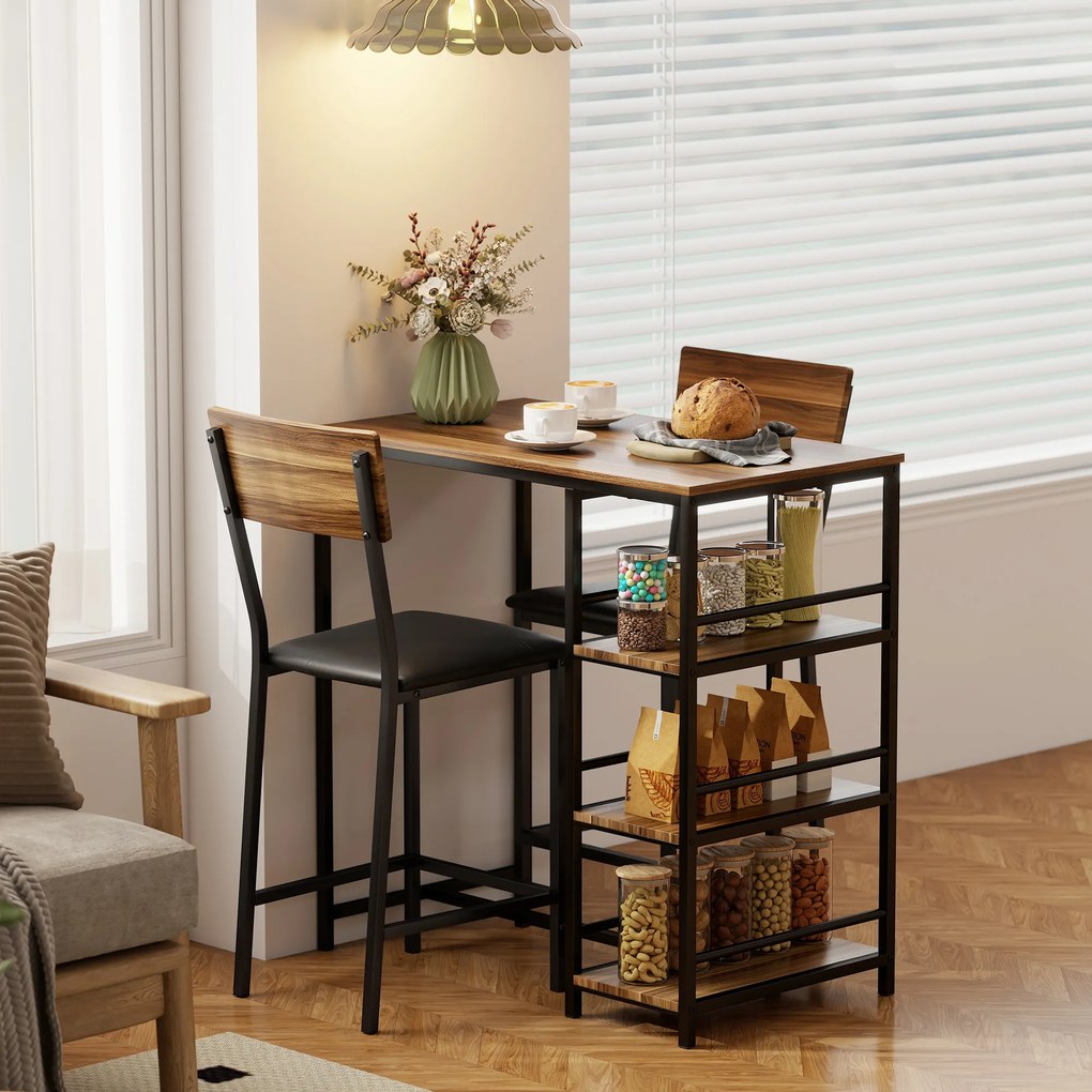 HOMCOM Masă de Bar cu 3 Rafturi și 2 Scaune cu Suport pentru Picioare și Spătar, din Lemn și Oțel, Negru și Nuc | Aosom Romania
