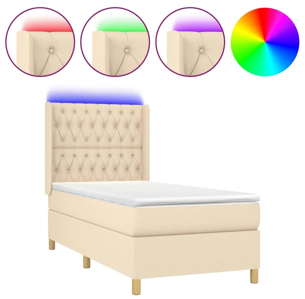 3139098 vidaXL Pat cu arcuri, saltea și LED, crem, 100x200 cm, textil