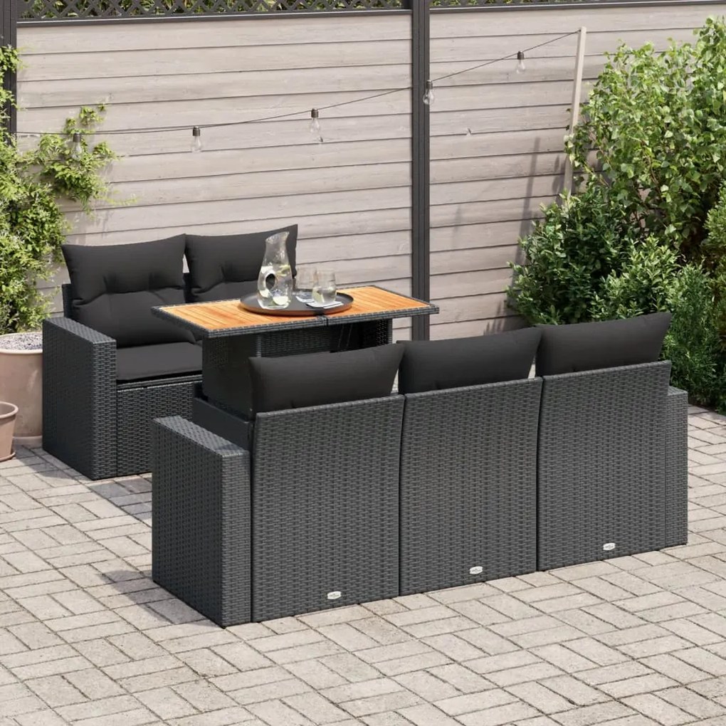 3326988 vidaXL Set mobilier de grădină cu perne, 6 piese, negru, poliratan