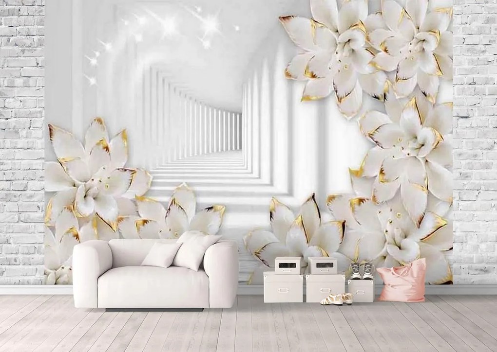 Fototapet 3D, Flori albe cu varfuri aurii intr-un tunel alb Art.05017