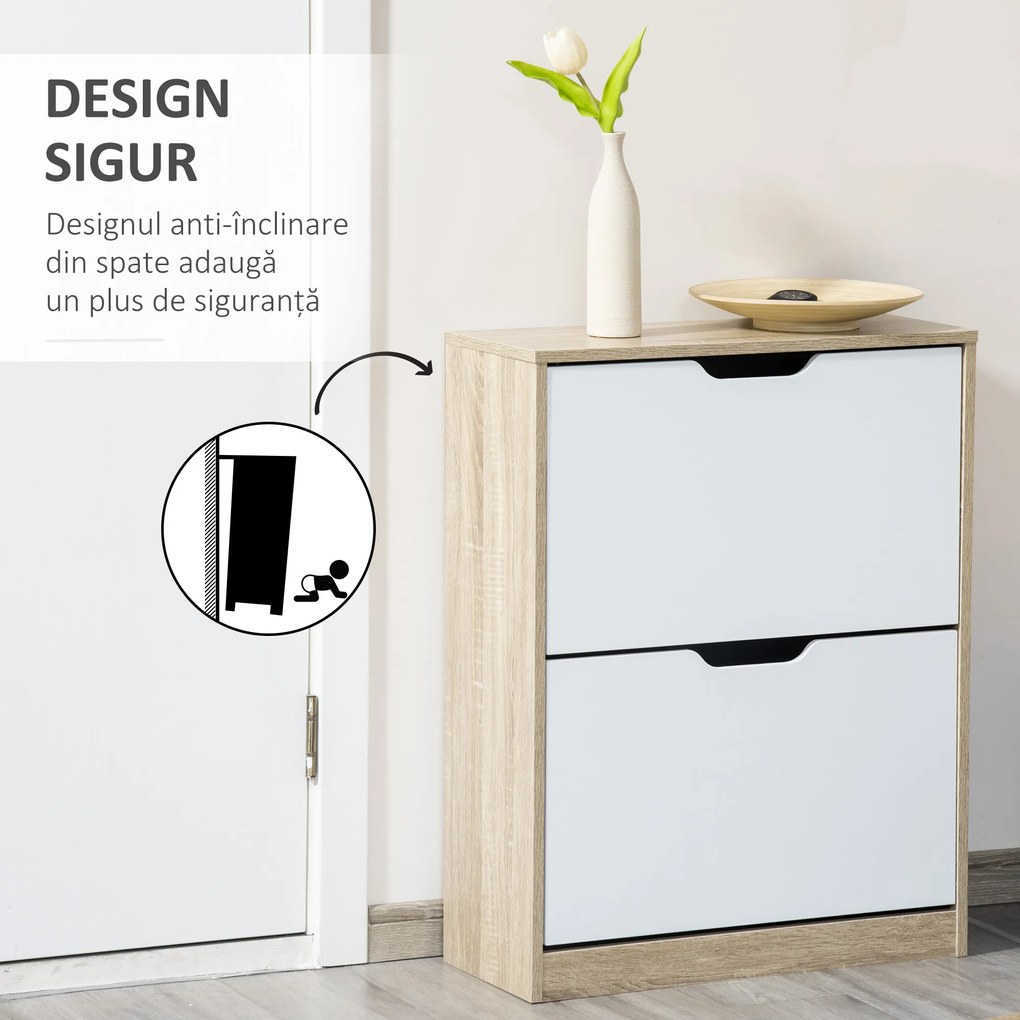 HOMCOM Dulap pantofi cu 2 Sertare Rabatabile, 8 Perechi, cu un Dispozitiv Anti-Răsturnare, Design Compact, 62,5x26x81 cm, Natural | Aosom Romania