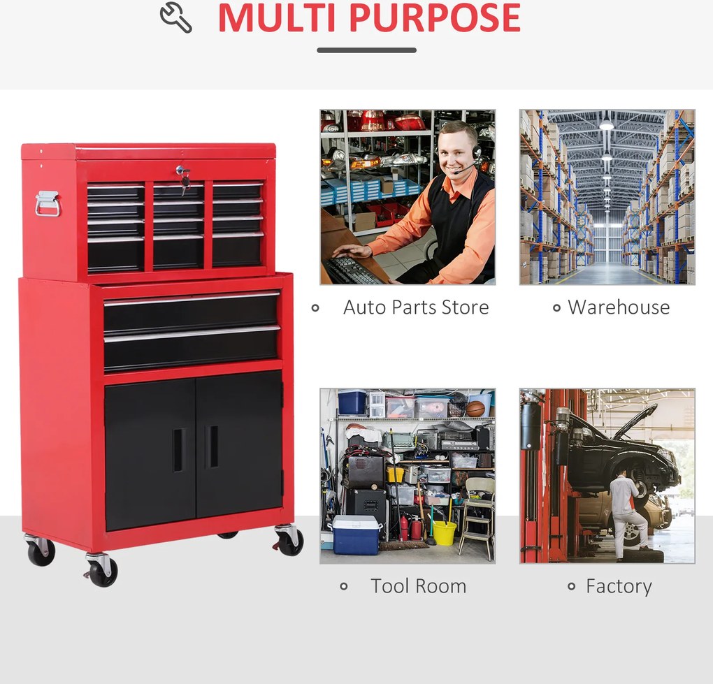 HOMCOM Cutie pentru Unelte pe Roți cu 6 Sertare, 2 în 1, Dulap Spațios cu Încuietoare, Metal, Roșu | Aosom Romania