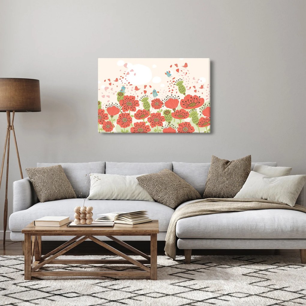 Tablou - Păsări pe o pajiște înflorită (90x60 cm)
