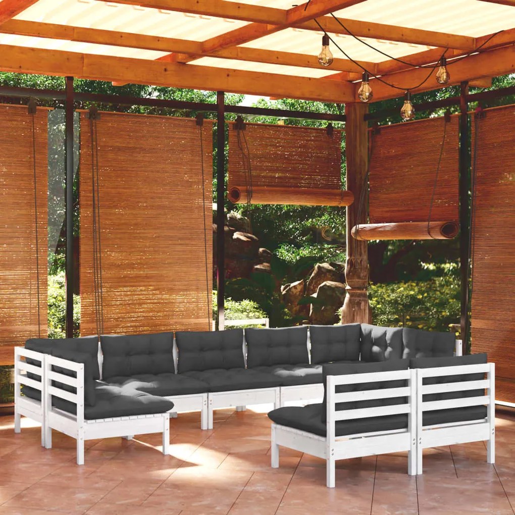 3097200 vidaXL Set mobilier grădină cu perne, 9 piese, alb, lemn masiv pin