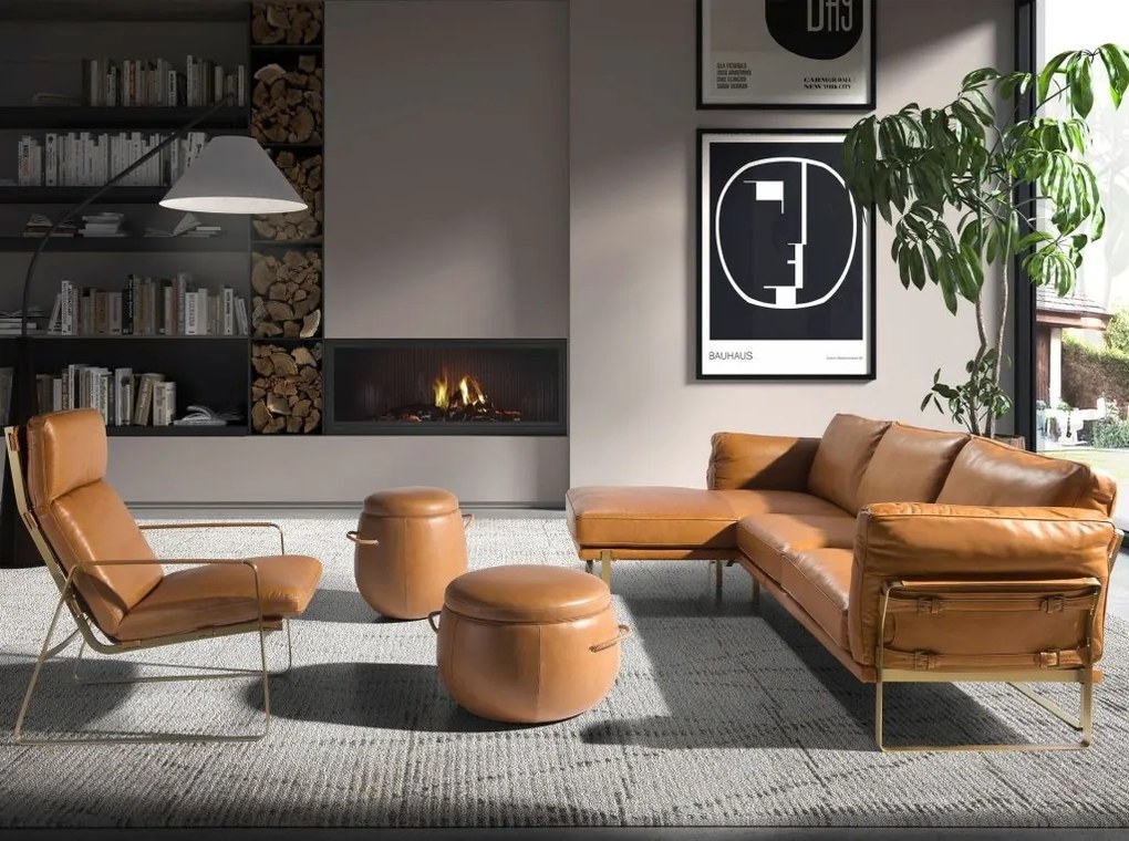 Coltar LUX design italian cu sezlong stanga Cowhide camel