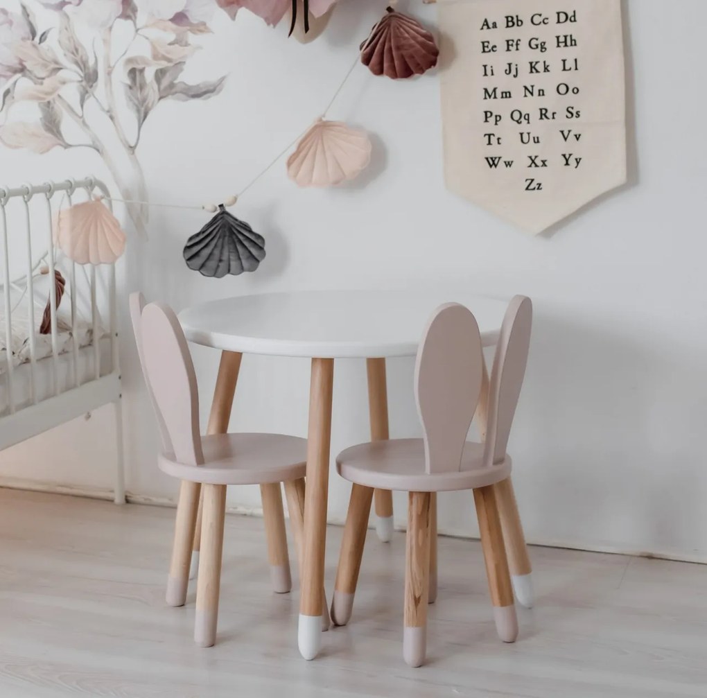 Set masuta rotunda alba si 2 scaunele iepuras roz