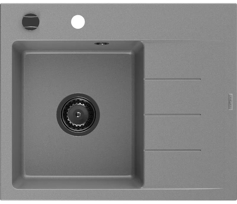 Mexen Ben chiuvetă de granit cu o cuvă și scurgător, stânga, 600 x 500 mm, gri, sifon negru - 6522605000-71-B