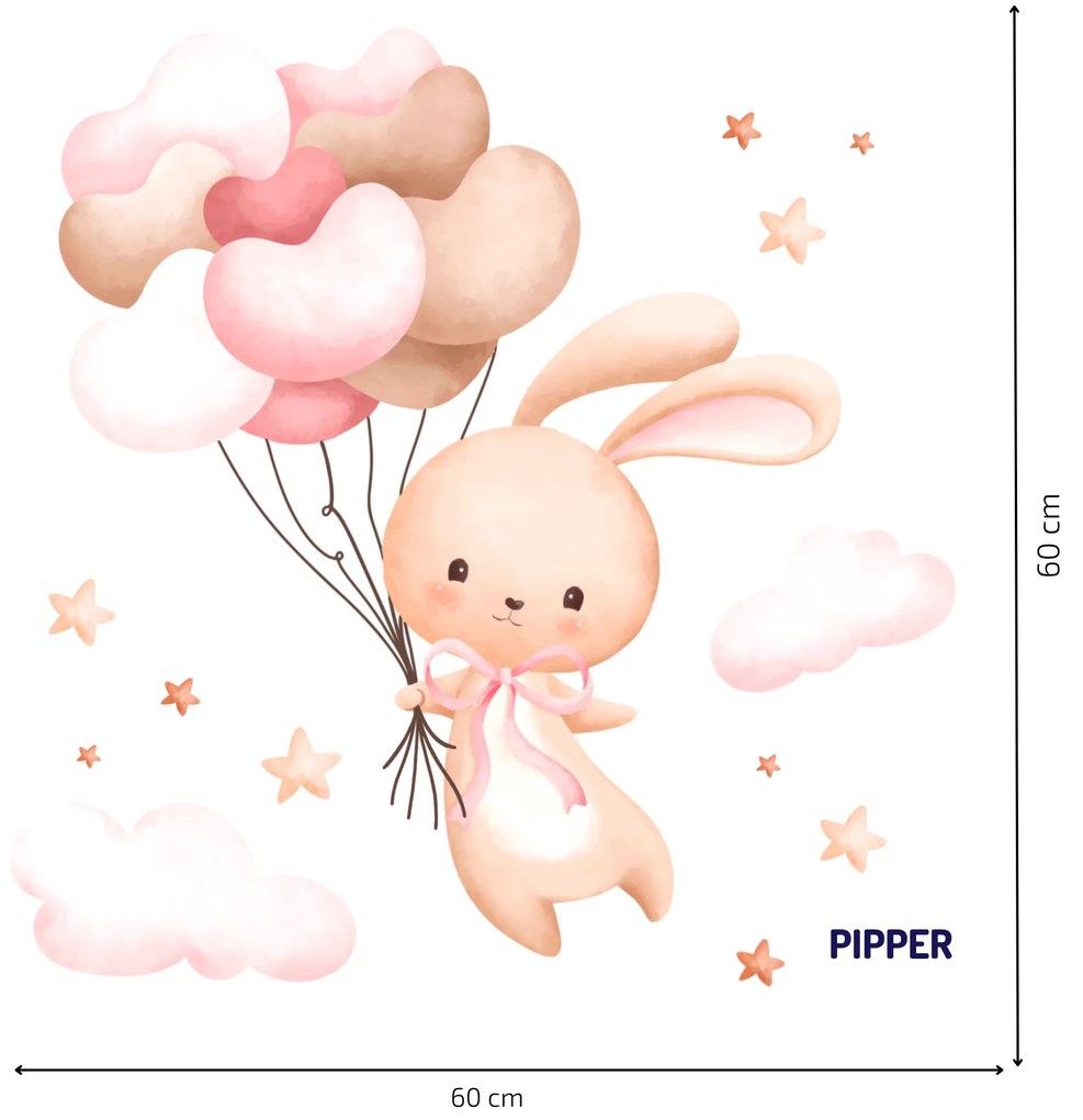 PIPPER. Autocolant de perete "Iepuraș cu baloane - roz”
